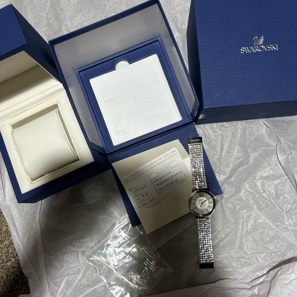 RARE Authentic Swarovski Silver All around pave Crystal watch w card,booklet,box